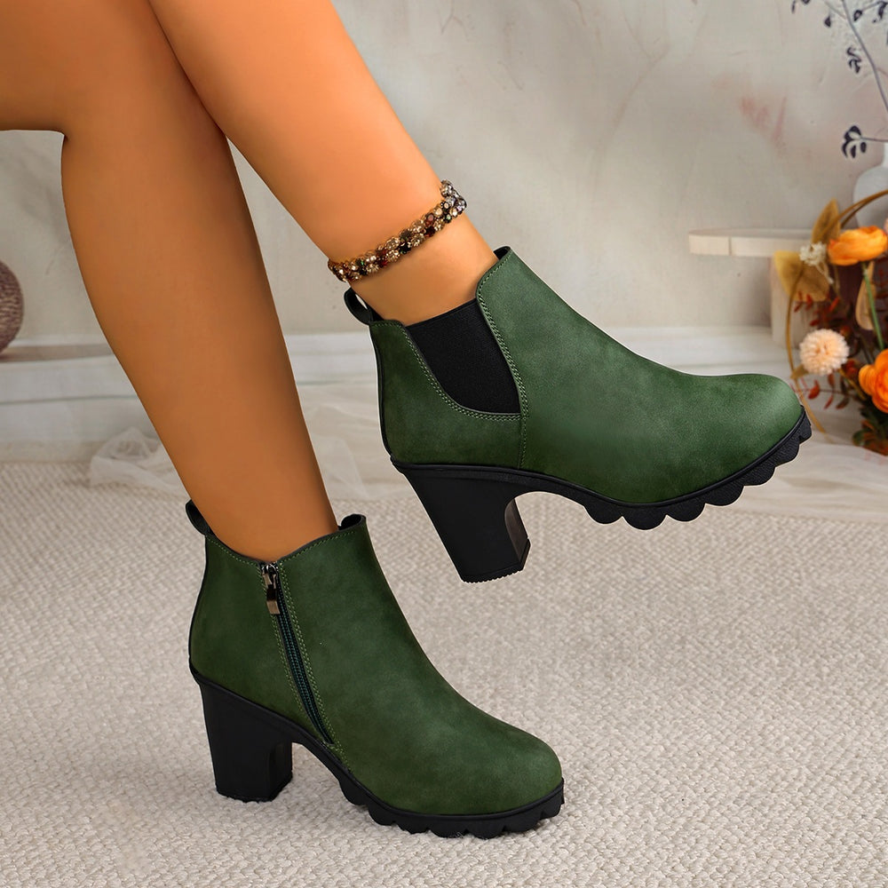 plus size thick high-heeled short boots for women  fall and winter new arrivalfashion round toe plaid elastic slip-on feet boots for women