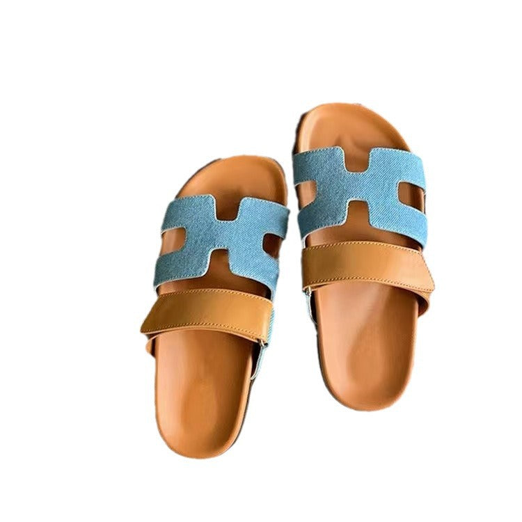 Cross-border second uncle dragging girl thick bottom H slippers 2024 new Velcro  large size fashion slippers wholesale