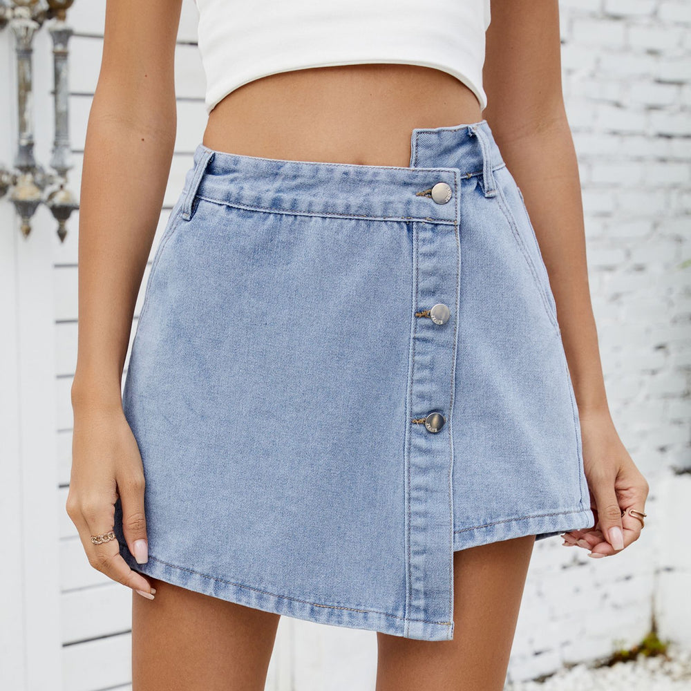 European and american cross-border e-commerce women's summer new arrivals:   washed button-decorated irregular denim skirt pants