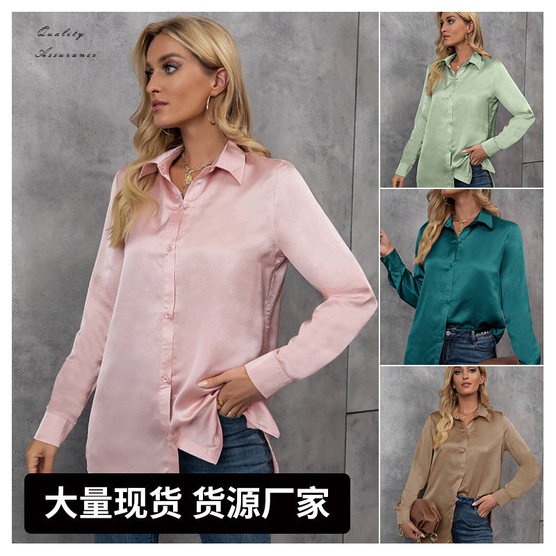 European and american chic satin long-sleeve blouse - new spring/summer solid color loose fit faux silk satin top