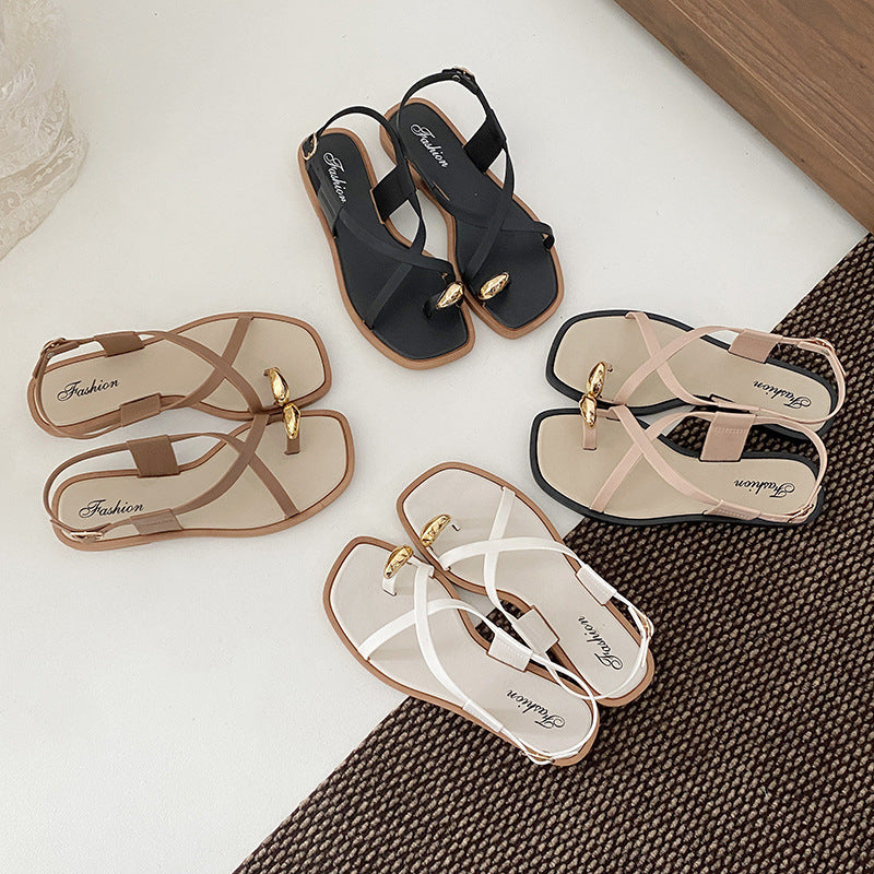 Children's cross-border toe sandals women's summer outwear popularinsflats roman sandals one-piece clip-toe women's shoes