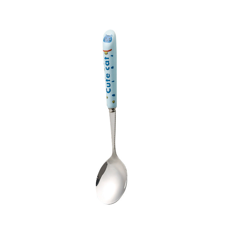 Cartoon stainless steel cutlery set: cute kids' forks with stylish ceramic handles, exquisite dessert spoons, and serving spoons