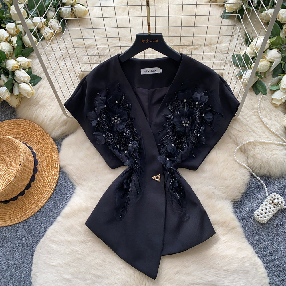 Commute style v-neck single-breasted vest - women's outerwear with embroidered floral accents - brown vest - autumn  - premium quality