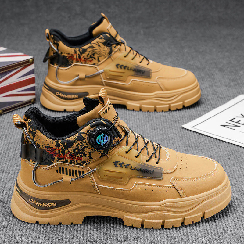 High-top men's shoes spring youth sports waterproofabrasion resistantnon-slipthick solecasualworkwearrotate button boots