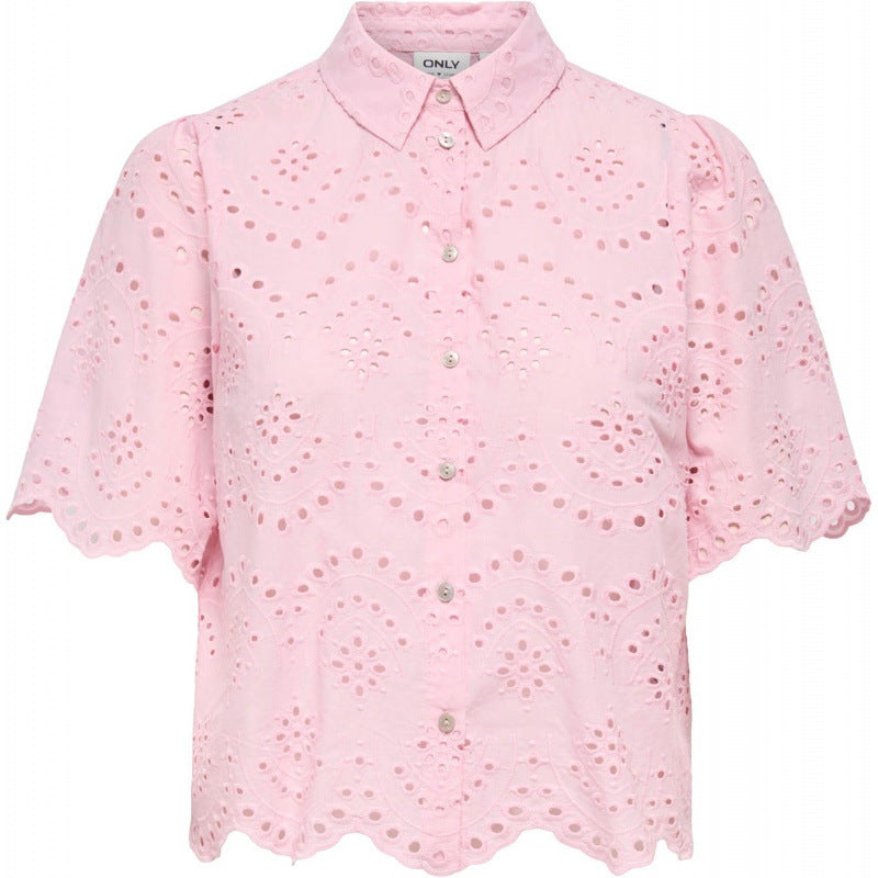 Amazon fashion cut out crochet short sleeve shirt women's  summer new arrivalfashioncasualeleganttops