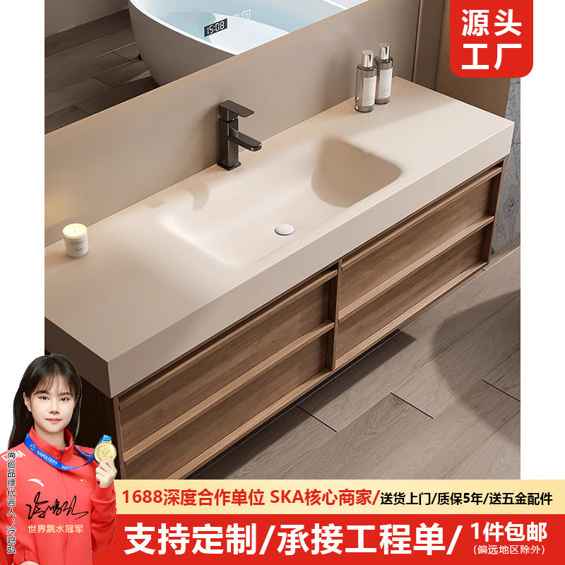 Retro medieval rock slab hot bending integrated basin bathroom cabinet combination solid wood bathroom washstand hand and face pool cabinet