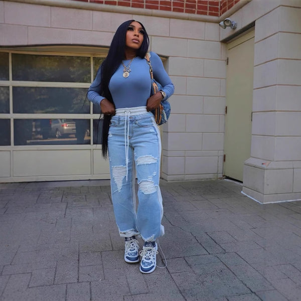 European and American  women's clothing spring and autumn new casual denim splicing holes high waist lace-up elastic waist long sweatpants women