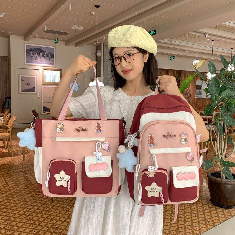 New schoolbag for girls, junior high school students, large-capacity backpack, versatile burden reduction, fashion trend, two-piece schoolbag