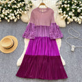 Miyake cross-border wholesale new arrival color matching round neck beading elegantplus size women's miyake pleated dress