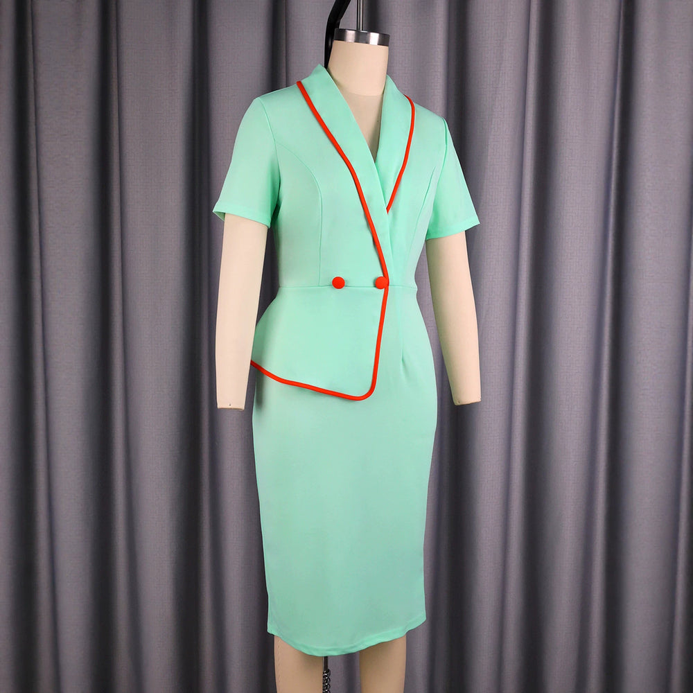 Fashion lapel contrast color mint green short sleeve one step skirt rufflesilm hip cover work clothingdressdresses