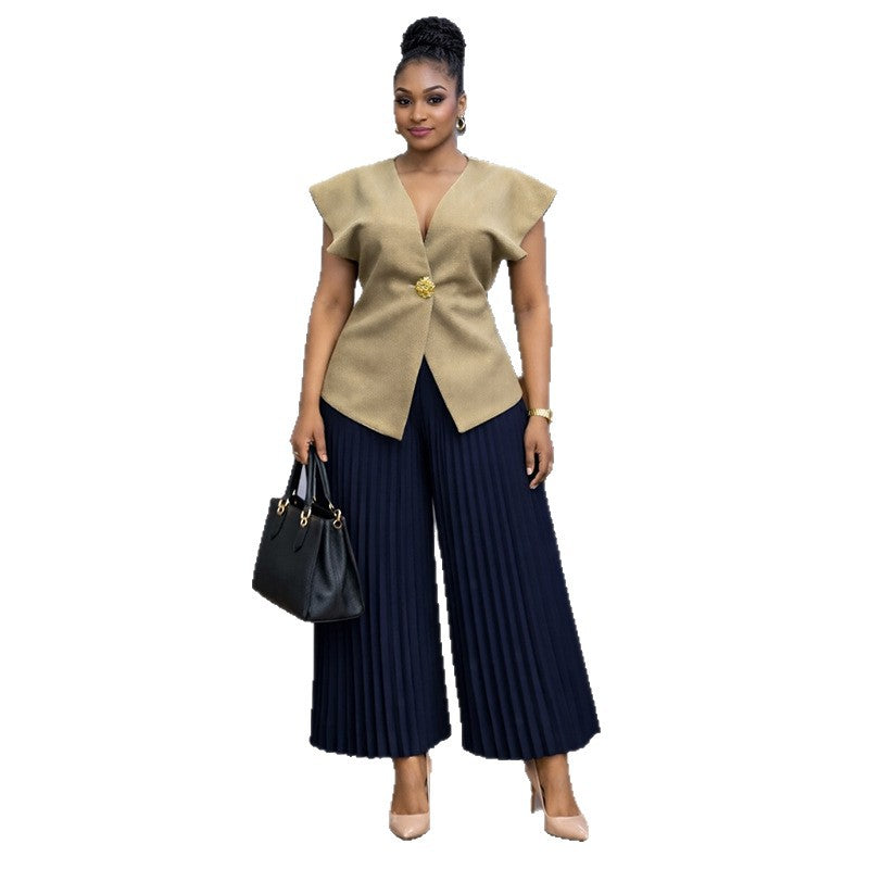 European and american cross-border women's clothing  summer new collection: african-style plus size elegant v-neck short sleeve top and pleated long pants set