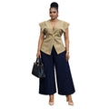 European and american cross-border women's clothing  summer new collection: african-style plus size elegant v-neck short sleeve top and pleated long pants set