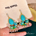 New chinoiserie retro turquoise tassel flower earrings women's niche design ethnic style earrings fashionelegant earrings