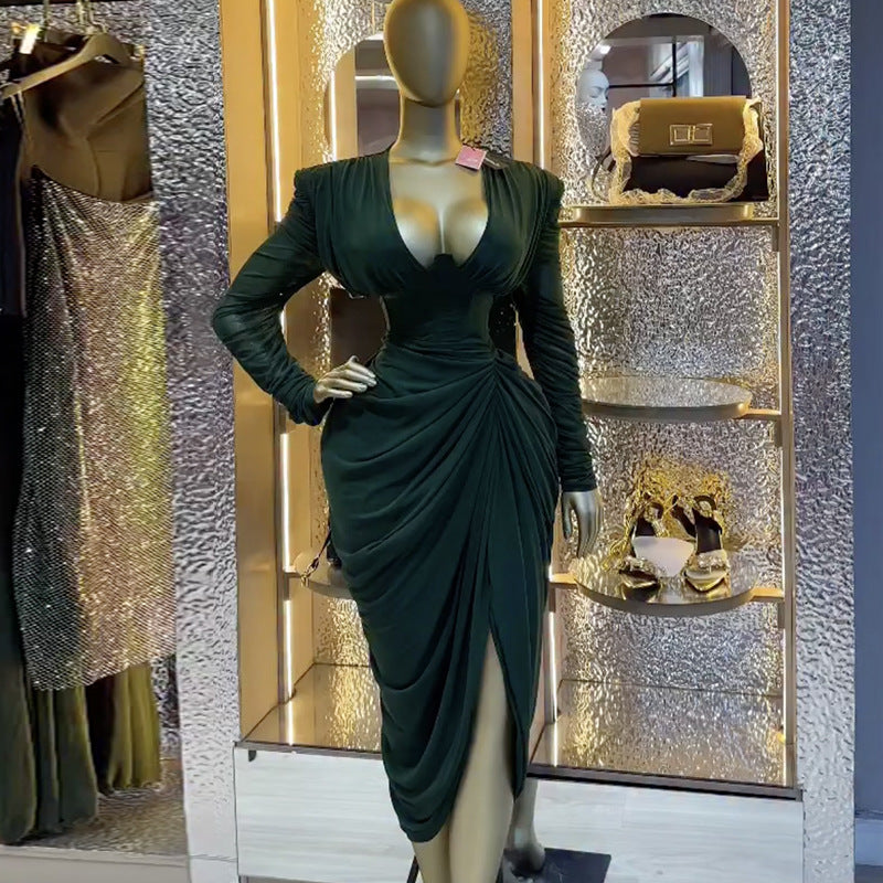 European and american cross-border women's fashion:  spring new arrivals - sexy and elegant v-neck slimming pleated midi dress