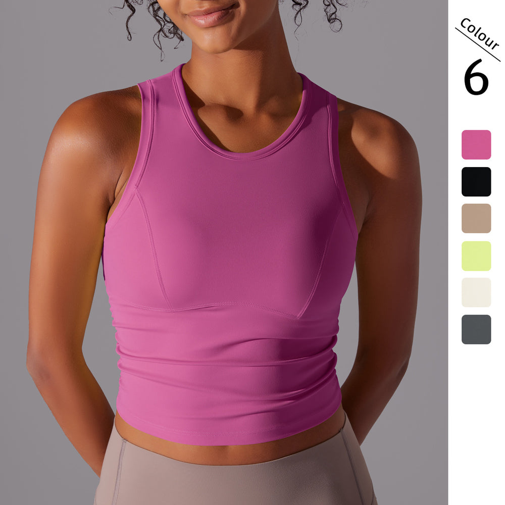 New double-sided nylon solid color slim-fit tummy control crew neck sports tank top running fitness yoga long sleeve top for women