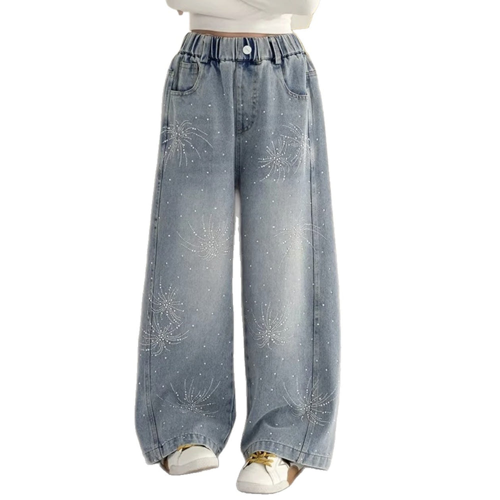 Girls'  new spring/autumn rhinestone fashion jeans, scimitar pants, super stylish straight-leg jeans, sparkling rhinestone versatile pants