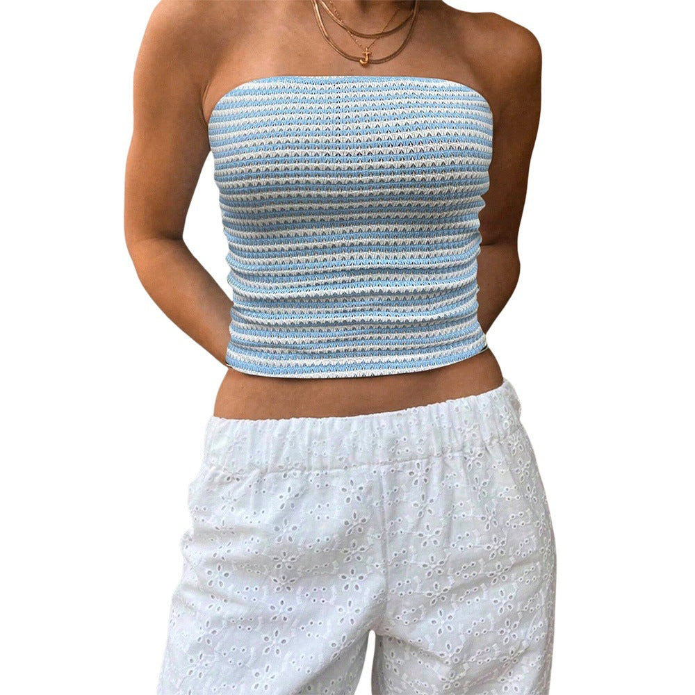 European and american cross-border  sexy blue and white striped bandeau sleeveless off-shoulder bodycon cropped vacation tank top for women