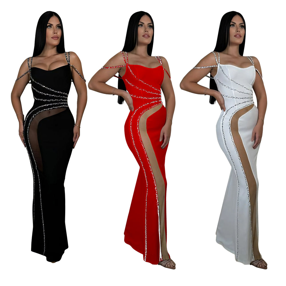 C7027 cross-border   independent station fashion women's hot diamond solid color mesh dress new