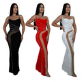 C7027 cross-border   independent station fashion women's hot diamond solid color mesh dress new
