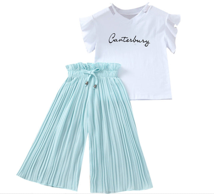 summer new arrivals: girls' letter print flutter sleeve top & wide-leg pants two-piece set (sizes 4-14y)