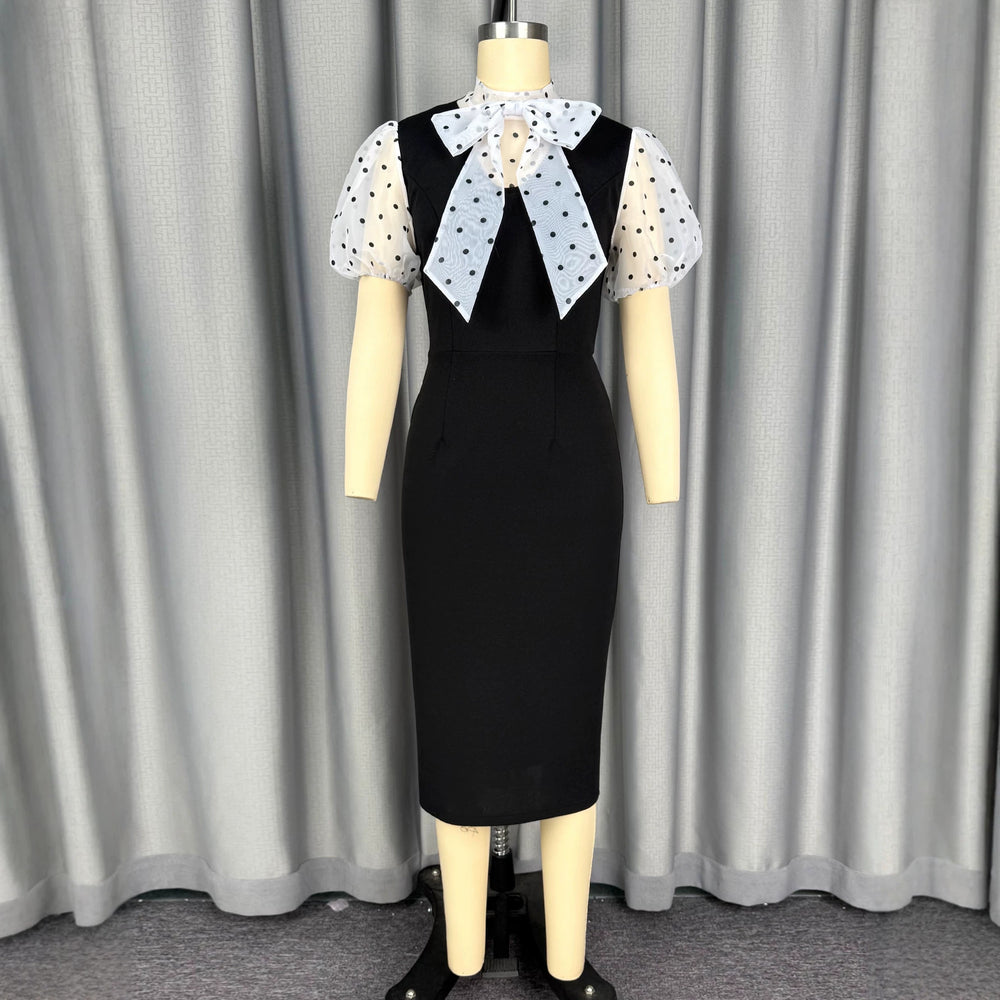 new plus size polka dot tulle sleeve bodycon dress with bow detail