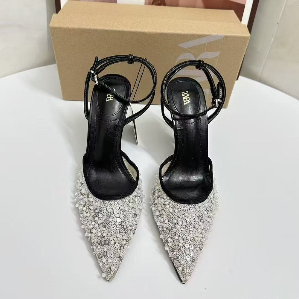 Za summer new women's shoes black shiny mesh sequin embroidery pearl full rhinestone high heel pointed toe slingback mules