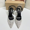 Za summer new women's shoes black shiny mesh sequin embroidery pearl full rhinestone high heel pointed toe slingback mules