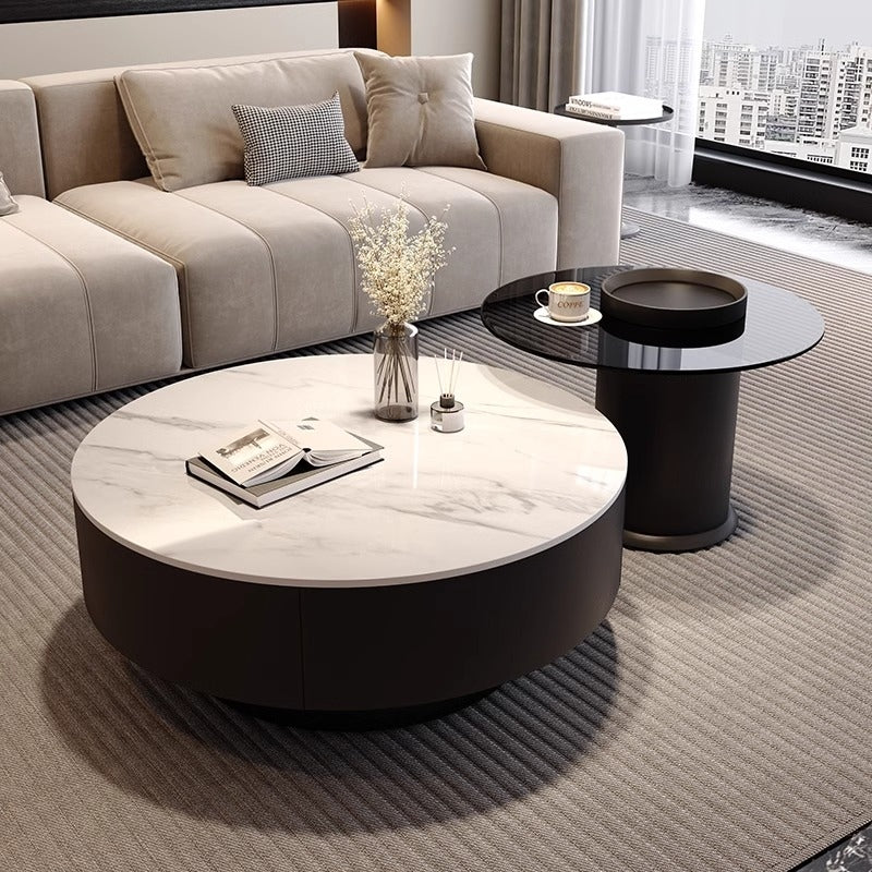 Black rock slab italian minimalist coffee table - modern simple living room home use, small to large round tea table, high-end designer style