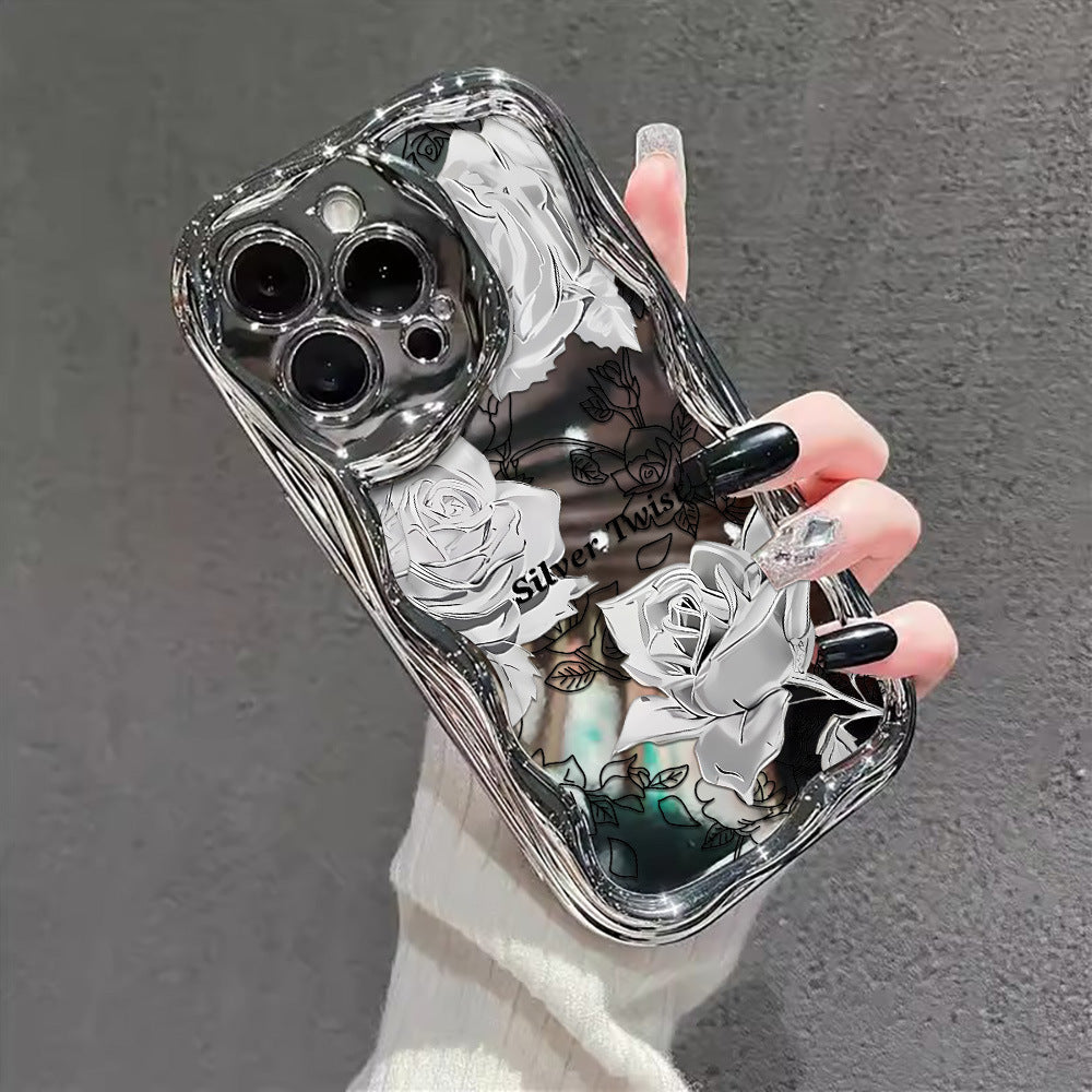 Trendy silver electroplated rose phone case for iphone 17 pro, apple 16 electroplated shockproof soft case - women's style