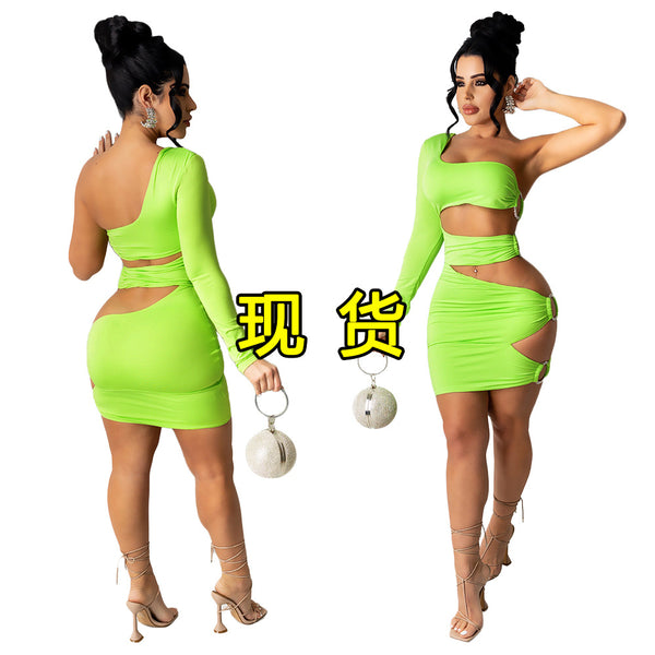 S390095 spot,  women's clothing,  explosion hollow sexy solid color single-sleeved iron ring dress women