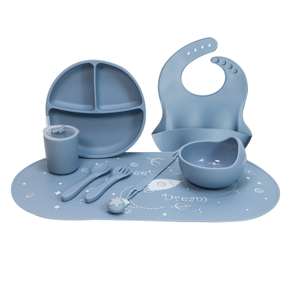 hot-selling children's food supplement silicone dinner plate, bowl, fork, spoon, bib, eight-piece tableware set, anti-fall dinner plate, suction cup