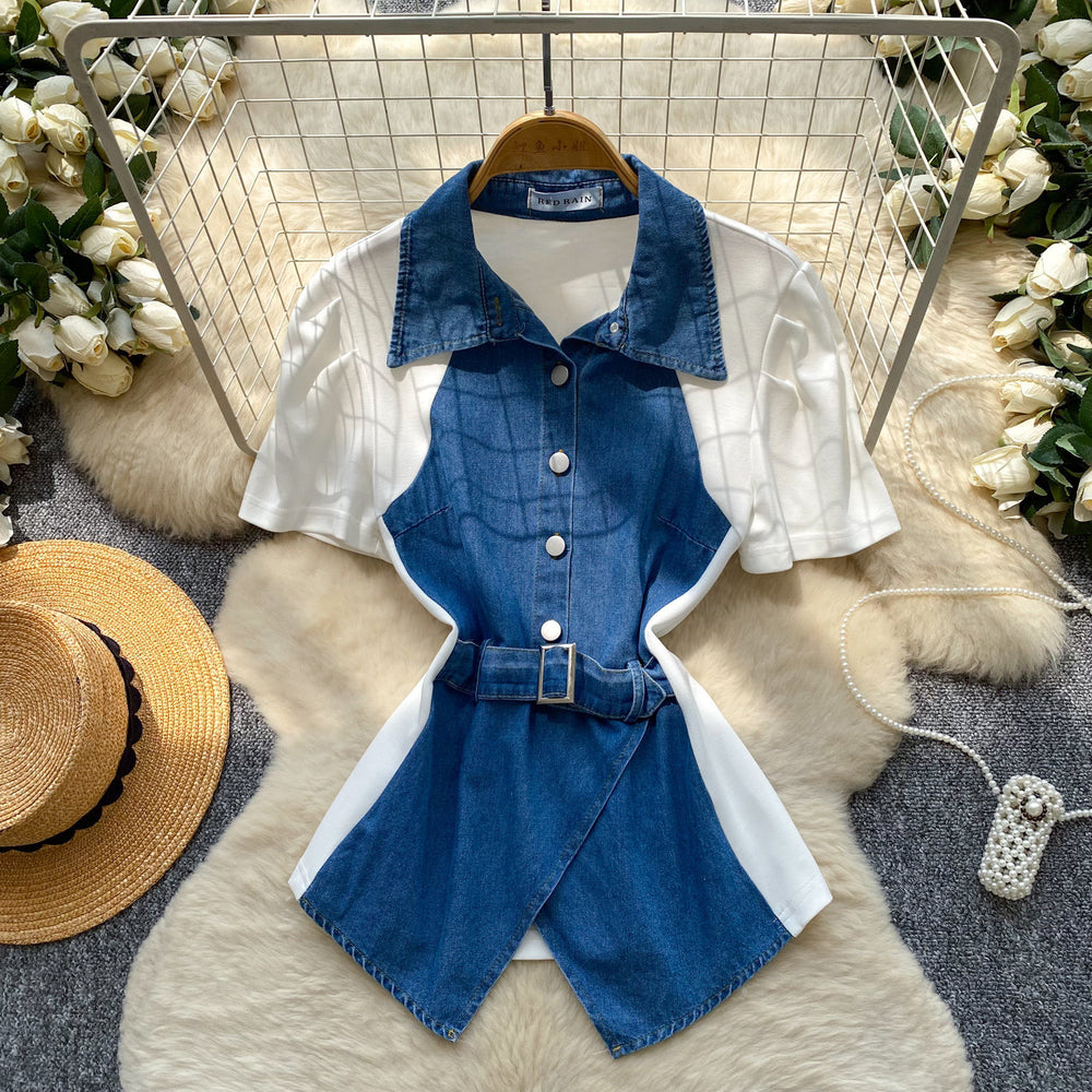 Frenchretro denim patchworkretroshirt women's summer short-sleeved waist tie backslimming lookwork clothing styletops