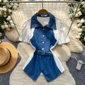 Frenchretro denim patchworkretroshirt women's summer short-sleeved waist tie backslimming lookwork clothing styletops