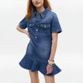 European and american commute style: high-end, age-defying, unique ruffle trim denim dress - slimming, collared, midi length