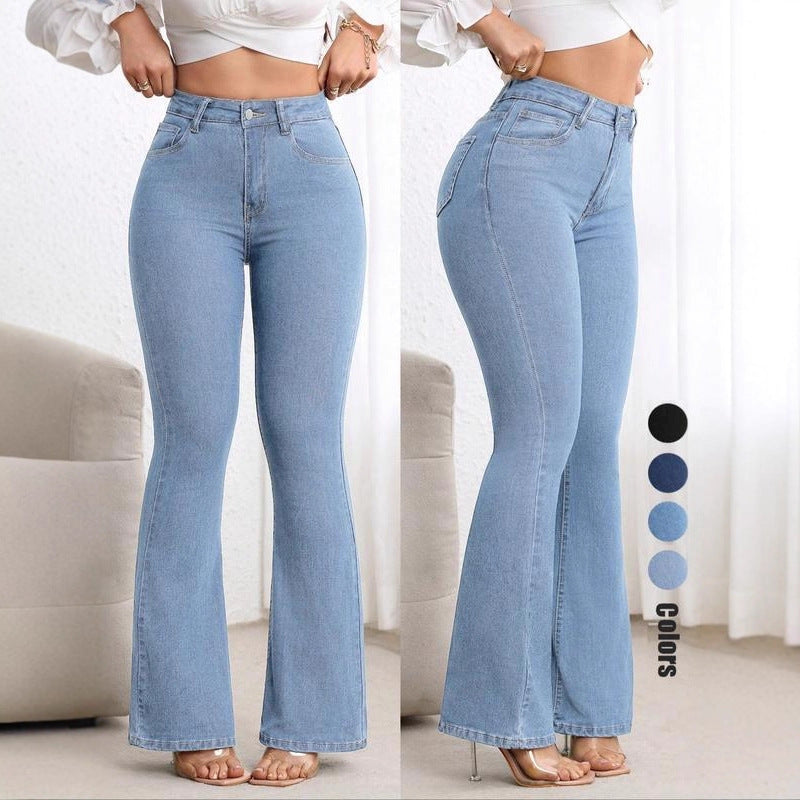 hot-selling  fashionexportjeans women's elastic silm flared pants hip lift high waist slightly flared pants