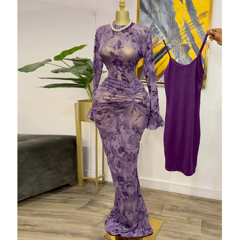 European and american cross-border women's fashion:  autumn new sexy purple print see-through bodycon dress with camisole two-piece set