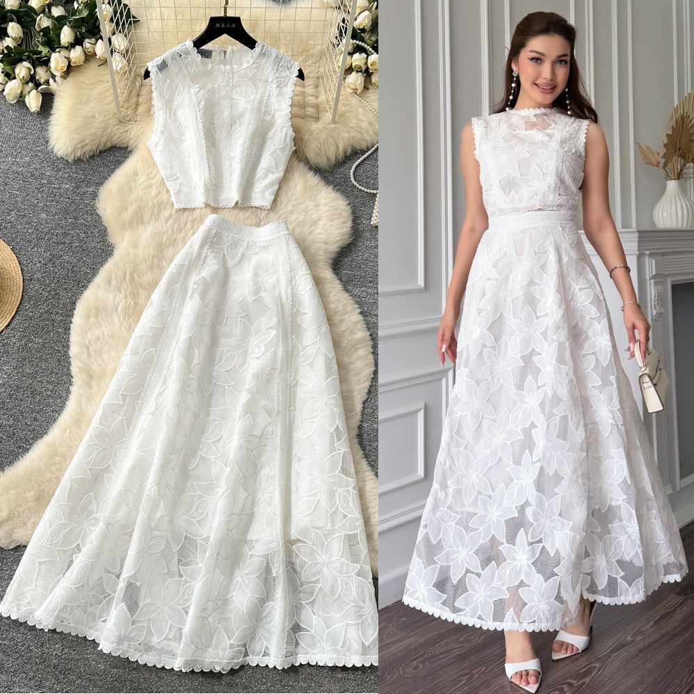 French lace cutout sleeveless two-piece set for women -  summer elegant high-end vest and midi skirt outfit