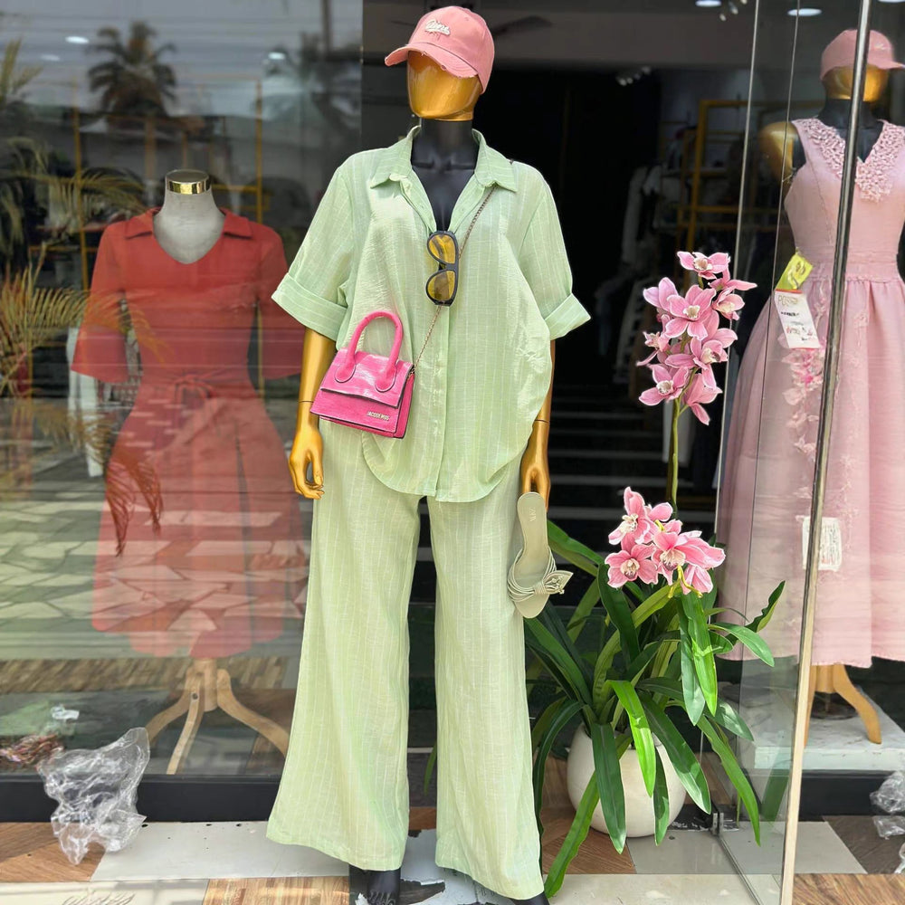 European and american cross-border women's fashion:  summer new arrival - stylish turn-down collar striped loose-fit short-sleeve shirt and high-waisted pants set