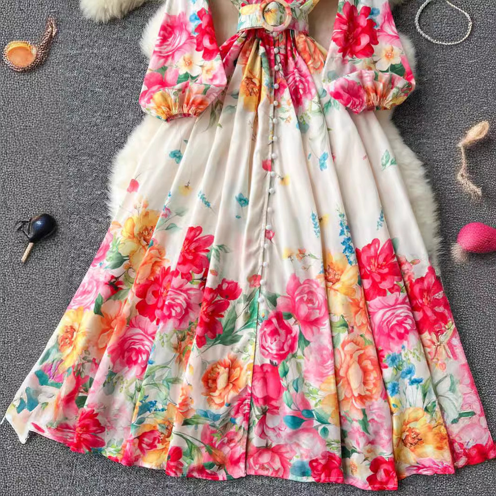 European and american style women's high-end vintage elegant stand collar single-breasted long sleeve cinched waist flared print vacation maxi dress