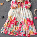 European and american style women's high-end vintage elegant stand collar single-breasted long sleeve cinched waist flared print vacation maxi dress