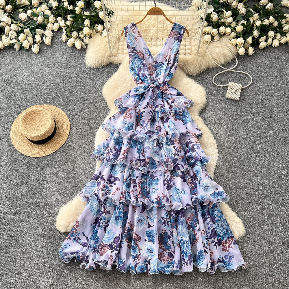 French floral sweet princess style dress - women's summer v-neck sleeveless high-waisted a-line maxi dress - commute chic