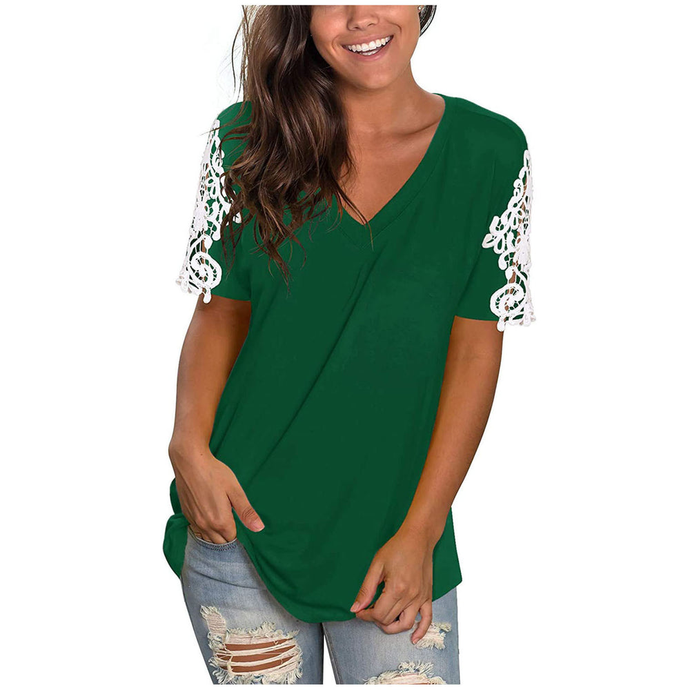 new women's lace short sleeve v-neck t-shirt - relaxed fit casual top with patchwork design
