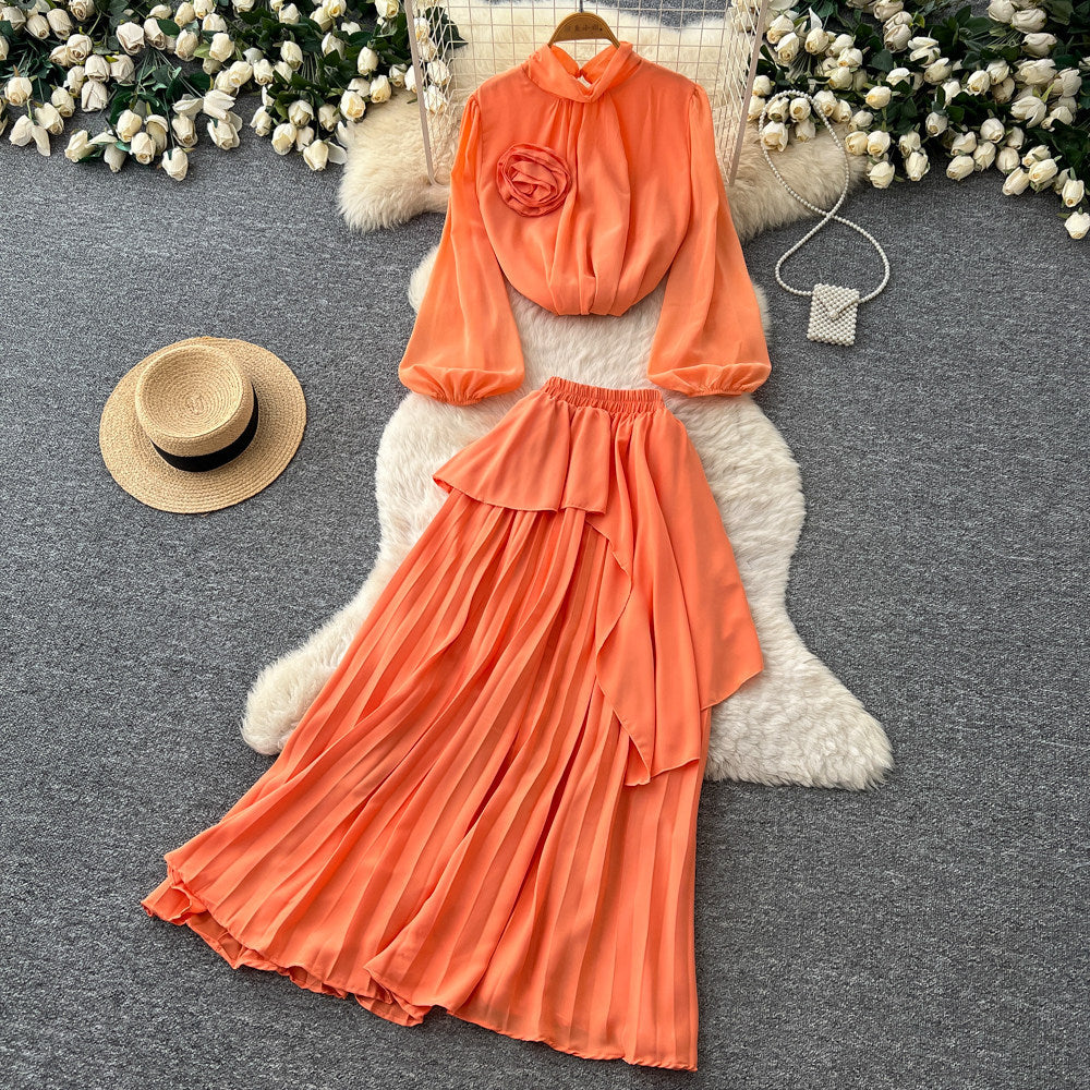 Light mature style red lantern sleeve stereo flower two-piece set women's spring waist pleated skirt classyelegantsuit