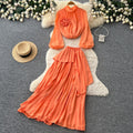 Light mature style red lantern sleeve stereo flower two-piece set women's spring waist pleated skirt classyelegantsuit