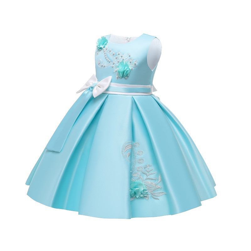 Export children's wear kids' formal dress princess dress girls' color block bow embroidered vest piano performance dress