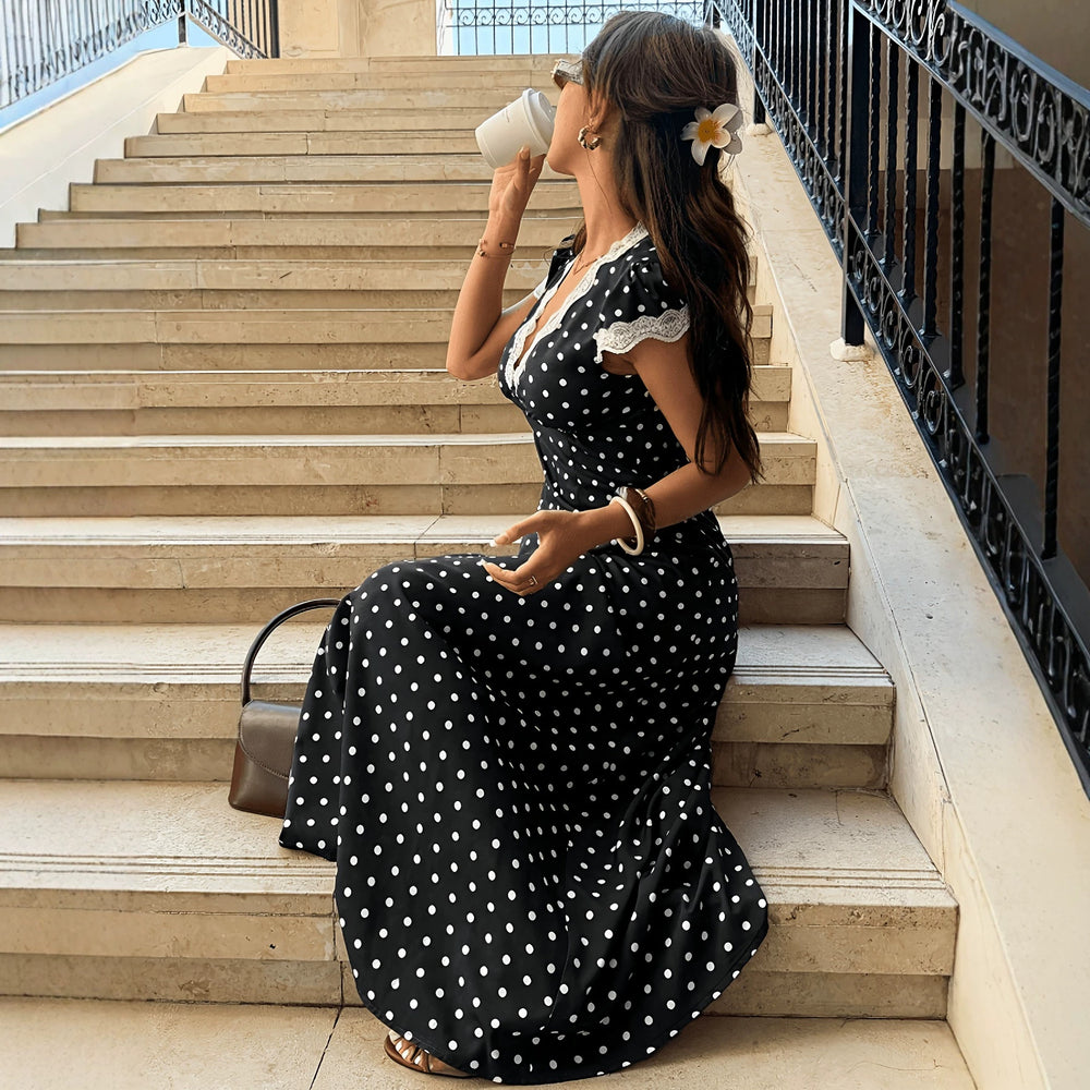 cross-border fashionexportfrenchretro polka dot printingv necklacepatchwork longdress