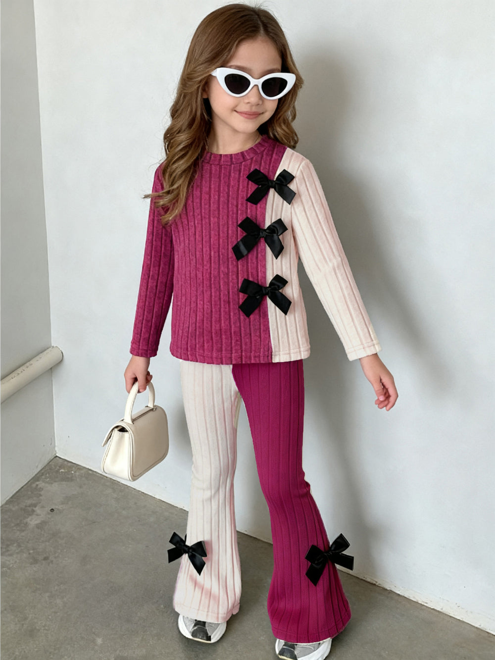 autumn girls' outfit: color block ribbed long sleeve top with bow detail and micro-flare pants - kids' two-piece set
