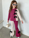 autumn girls' outfit: color block ribbed long sleeve top with bow detail and micro-flare pants - kids' two-piece set