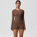 European and american solid color slim-fit long sleeve t-shirt yoga outfit set - high-waisted, barely-there feel, quick-dry activewear two-piece set for running and fitness