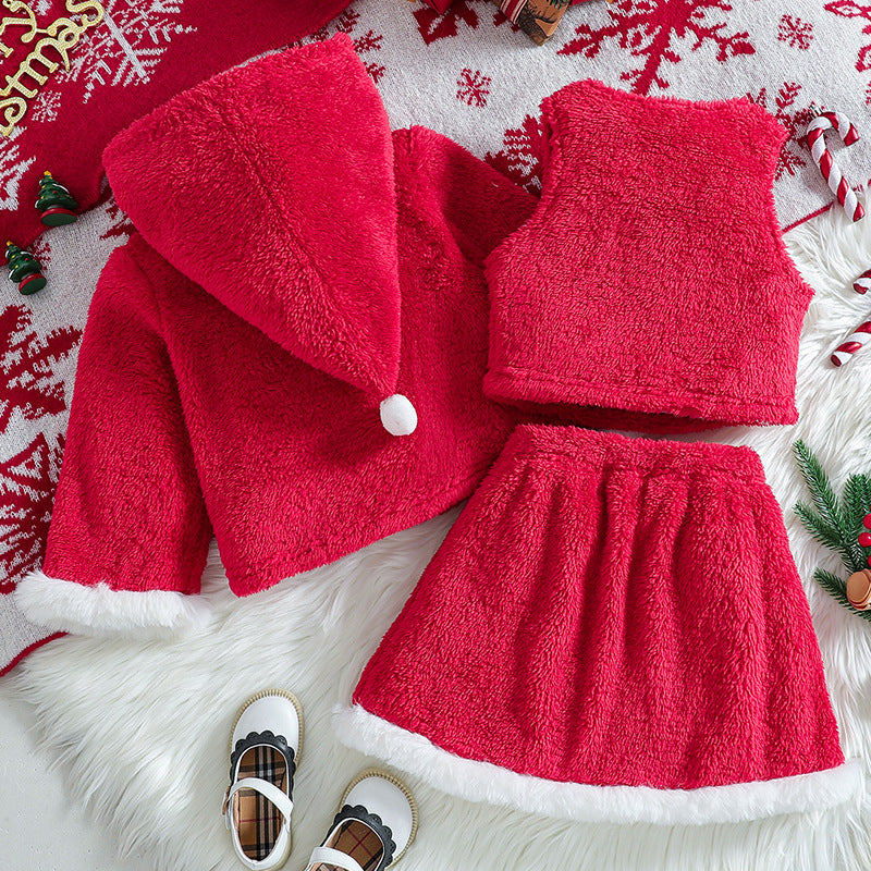 girlsuit red coral velvet hooded outwear vest tops skirtstuffedfall and winter three-piece suit